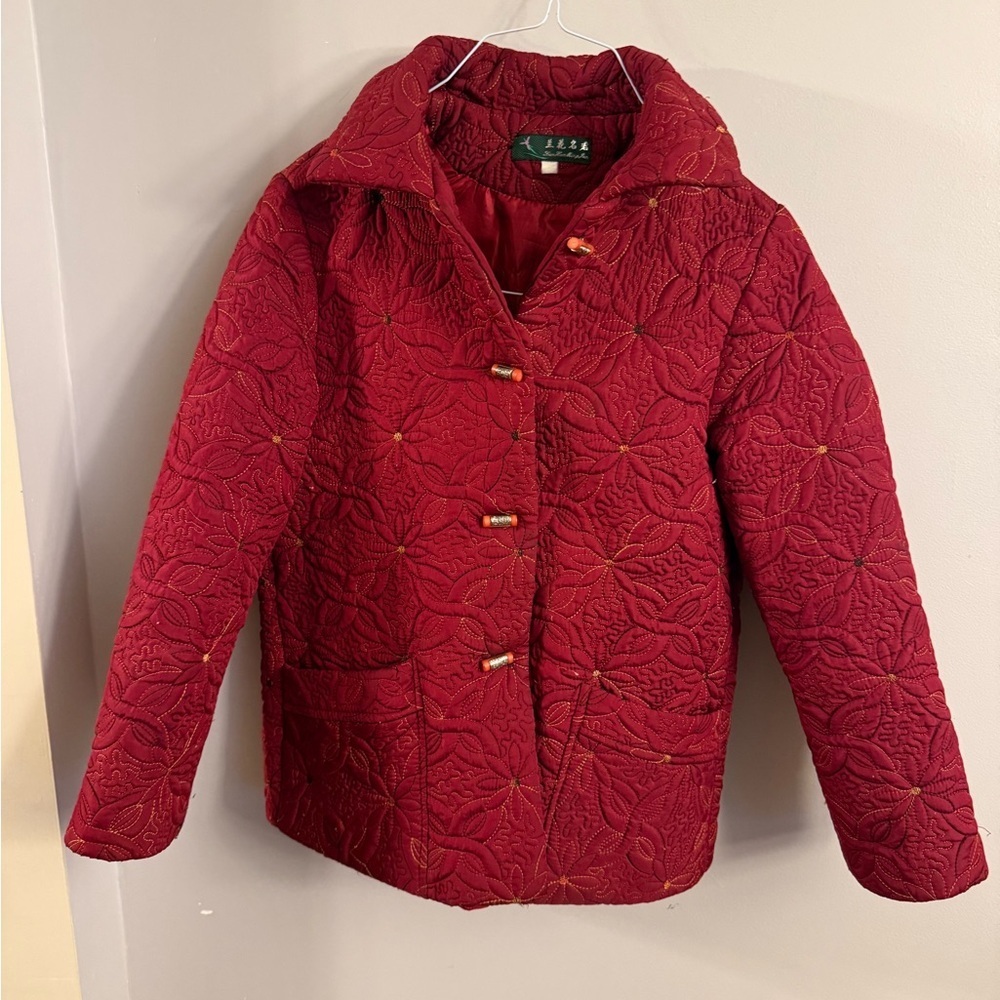 Red Quilted Chinese Jacket Vintage Floral Frog Closure Padded Coat Boho Festival